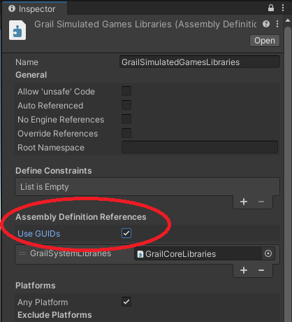 Use GUIDs checkbox in assembly reference inspector